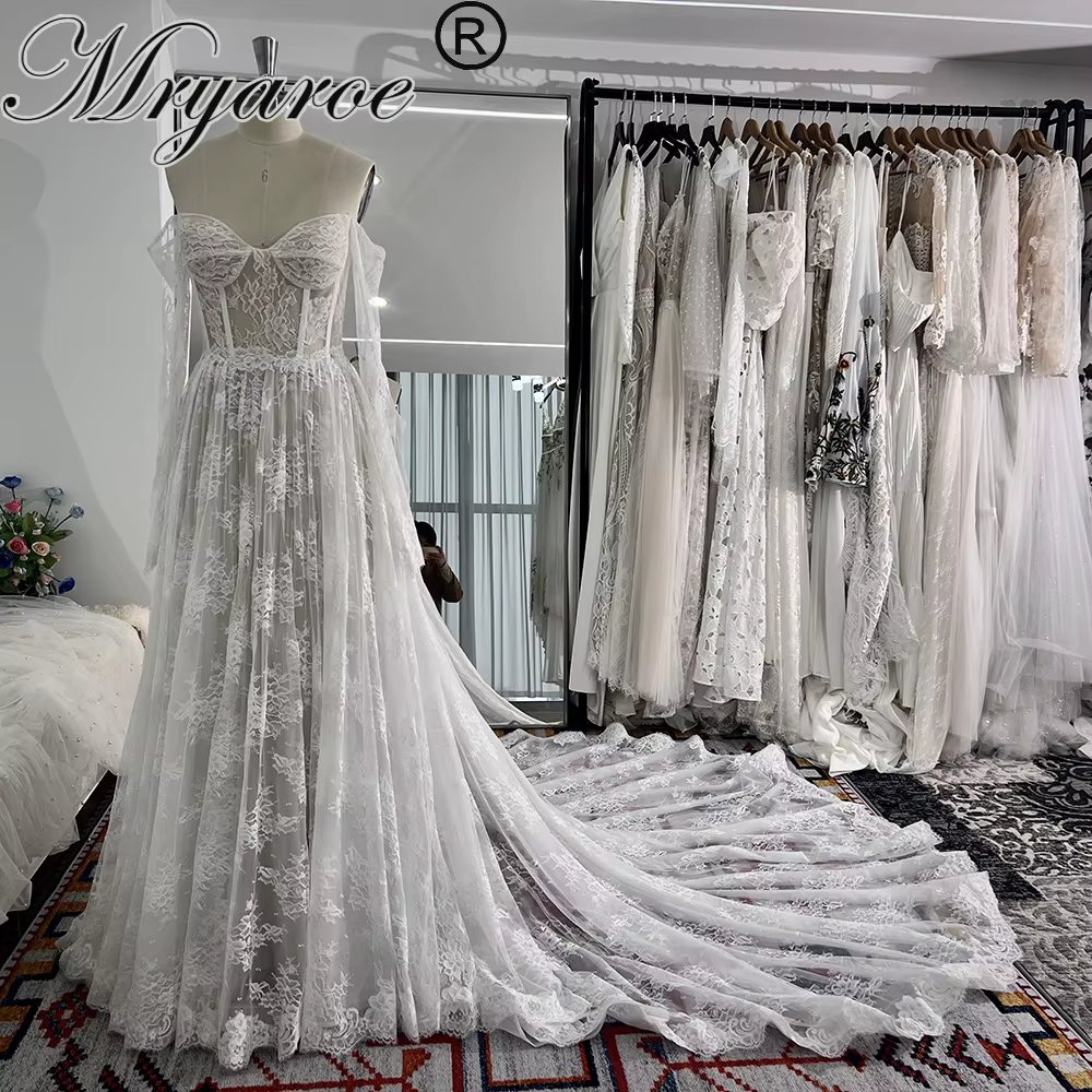 Zelyarce-Robe de mariée classique en dentelle, épaules dénudées, manches longues, luxe, ligne A, pat