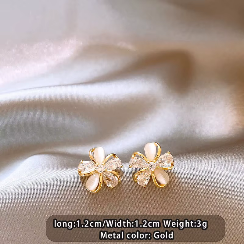 Boucles d'oreilles clous en zircon œil-de-chat plaqué or 18 carats, motif floral, design frais, nouv