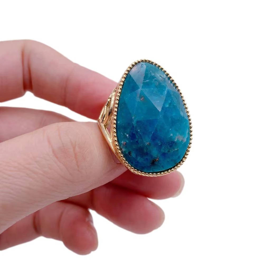 YYGEM-Bague en Pierre Naturelle Ate Bleue pour Femme, Anneau Plaqué Or, Cadeau pour Petite Amie, 23x