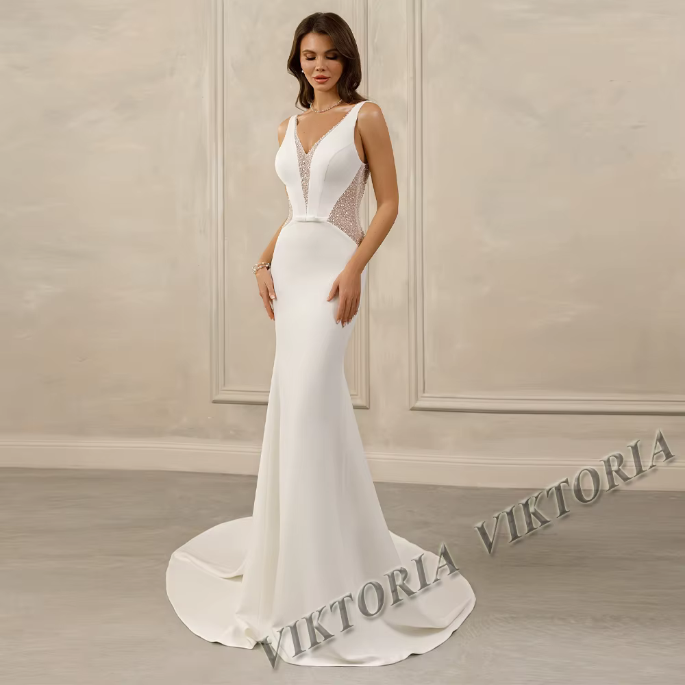VIKTORIA-Robe de Mariée Vintage en Fibre de Satin pour Femme, Col en V, Plissée Sirène, Personnalisé