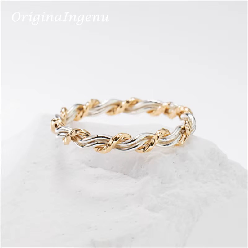 Bague tissée en argent 925 véritable pour femmes, anneau minimaliste fait à la main, bijoux délicats