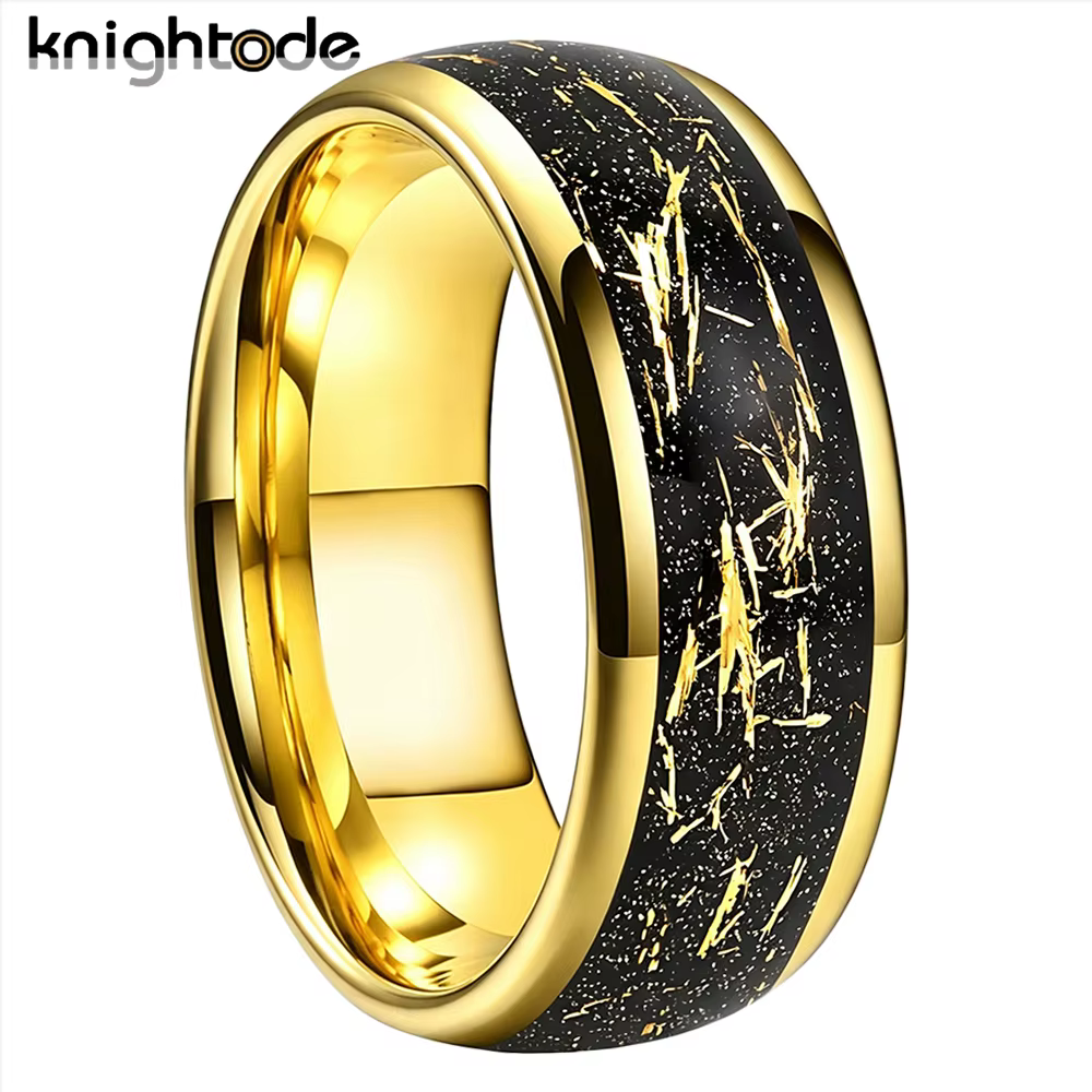 Bague de fiançailles et de mariage en tungstène de 8 mm avec incrustation de feuille d'or sablée, po