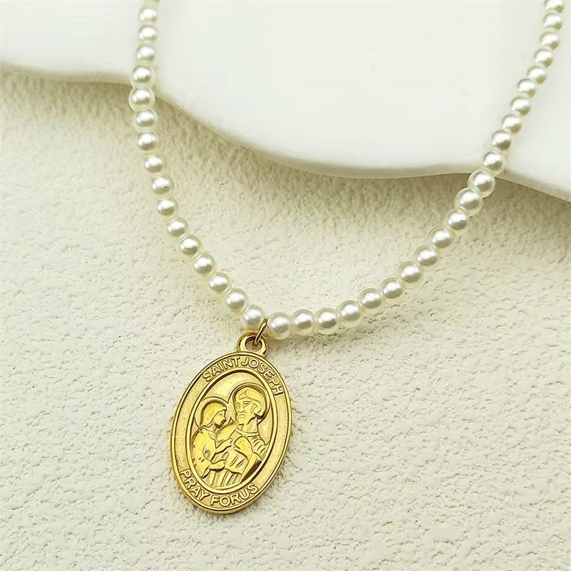 Saint Joseph prière pour nous pendentif collier pour femmes filles en acier inoxydable perle couleur