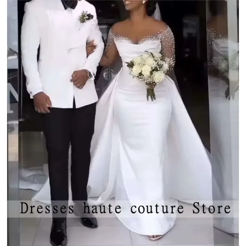 Robe de mariée africaine personnalisée en satin, avec traîne détachable, col transparent, manches lo