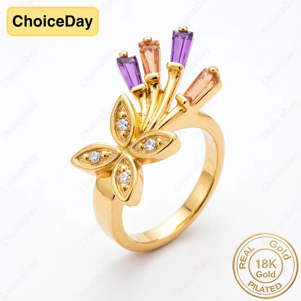 Bague en zircon coloré trèfle à quatre feuilles plaqué or 18 carats pour femme - Bijou élégant et gl