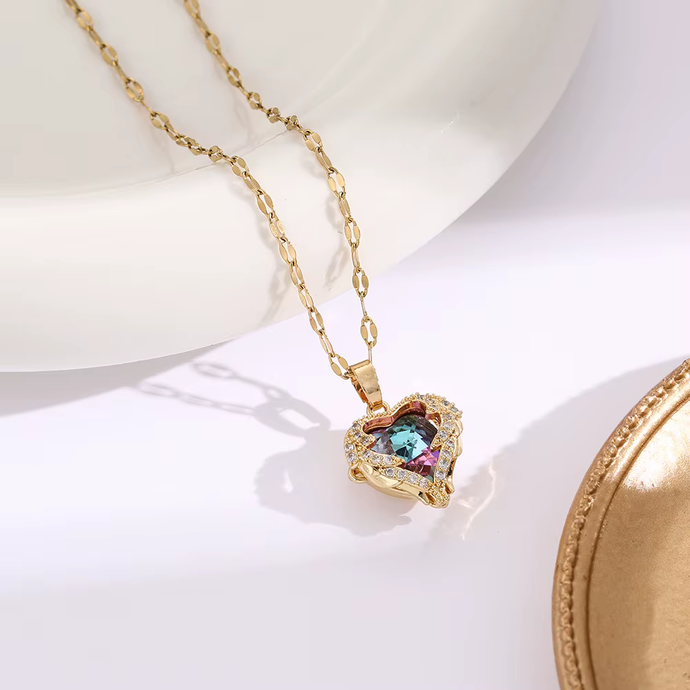 Collier pendentif coeur de l'océan en cristal brillant pour femme, breloque en acier inoxydable, tou
