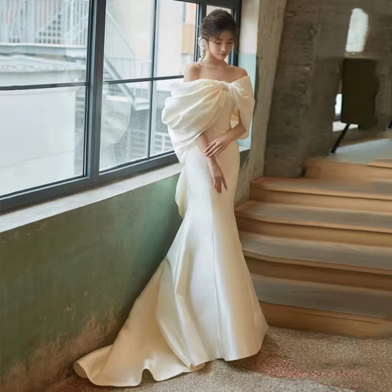 Robes de mariée sirène en satin léger pour femmes, patients initiés simples, robe de princesse à gro