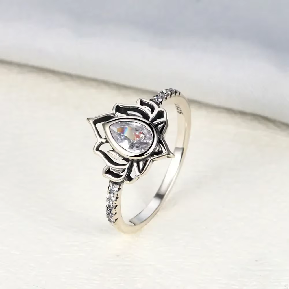 YILUOCD 925 en argent Sterling Vintage Lotus anneaux pour femmes Simple fleur coloré CZ réglable ann