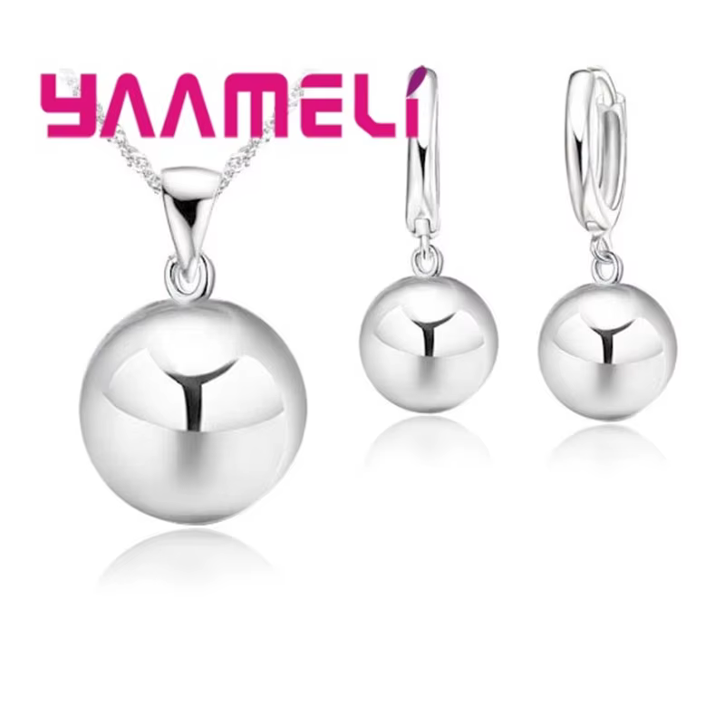 Parure de bijoux en argent 925 pour mariage et fiançailles, 12mm, boule lisse, ronde, pierre métalli