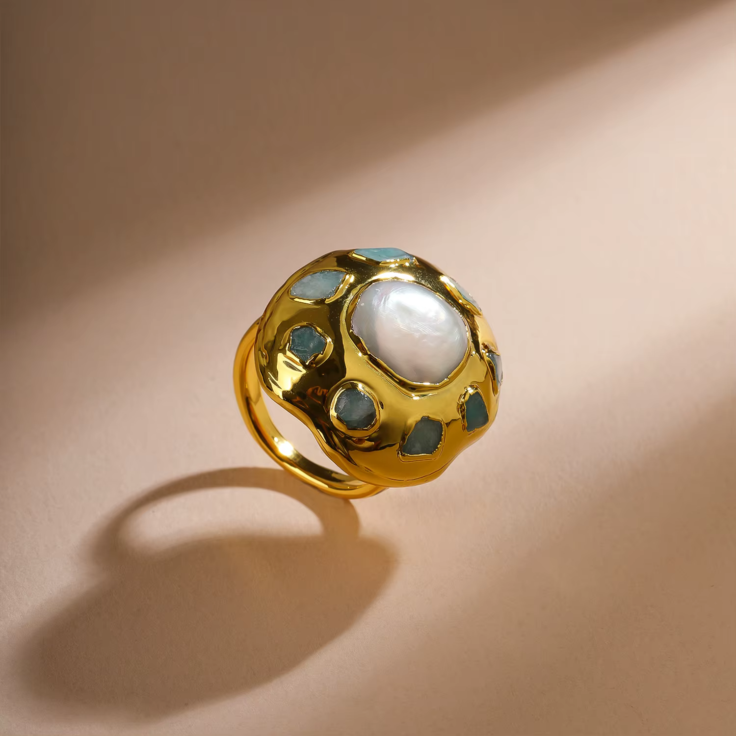 Bague en perles Larimar naturelles, bague améliorée bohème de luxe plaquée or 18 carats, bijoux à ba