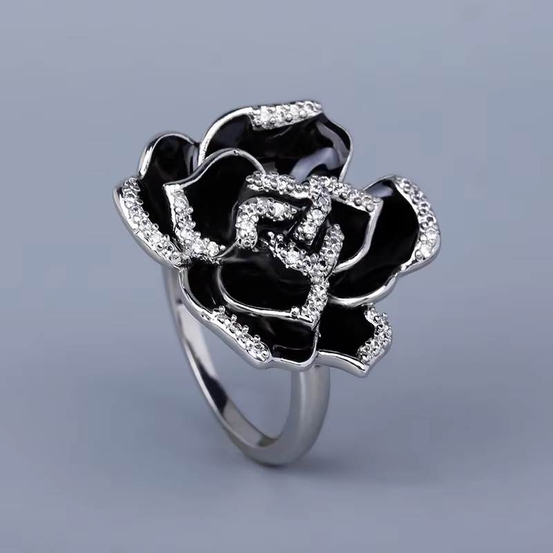 Bague élégante en argent 925 pour femmes, Unique, fleur noire, bijoux en émail faits à la main, bijo