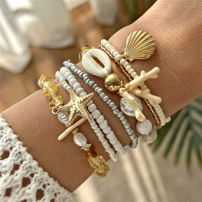 Ensemble de bracelets superposés style bohème pour femmes, corail rouge océan, étoile de mer, coquil