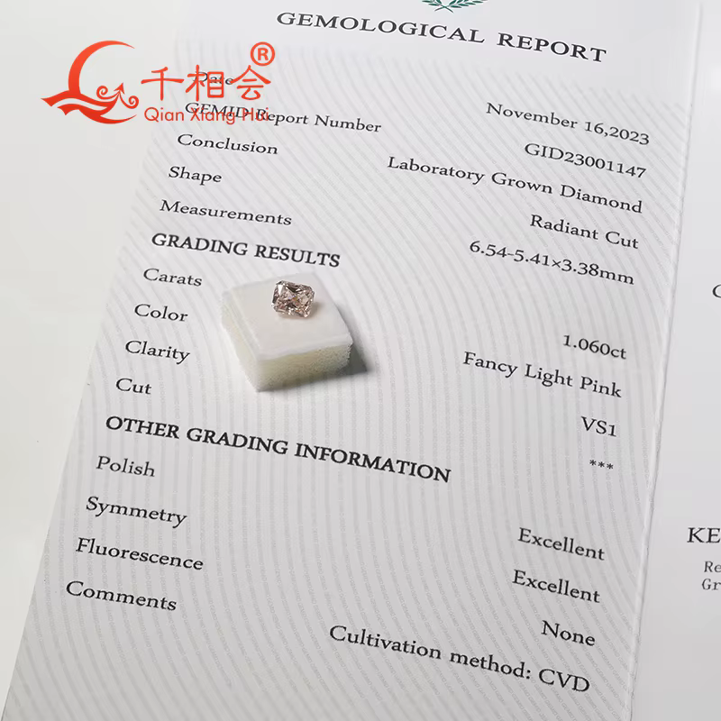 Diamant CVD de laboratoire taille Radiant 1 carat, clarté VS1, rose clair fantaisie, certifié GEMID,