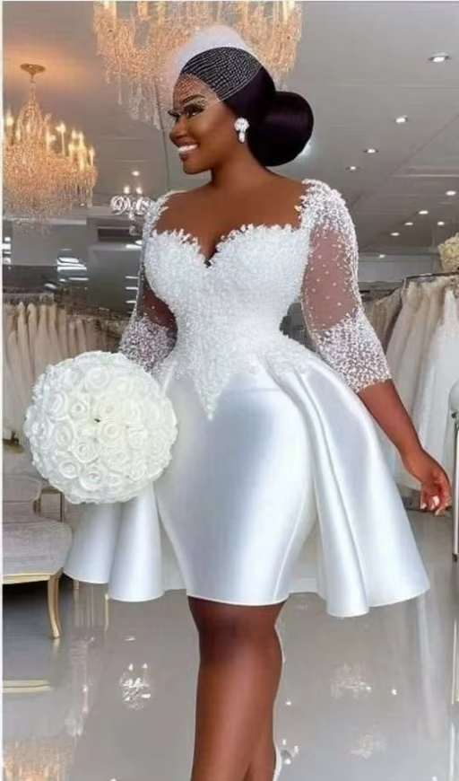 Robe de mariée sur mesure grande taille en satin et dentelle perlée sud-africaine, manches 3/4, col 