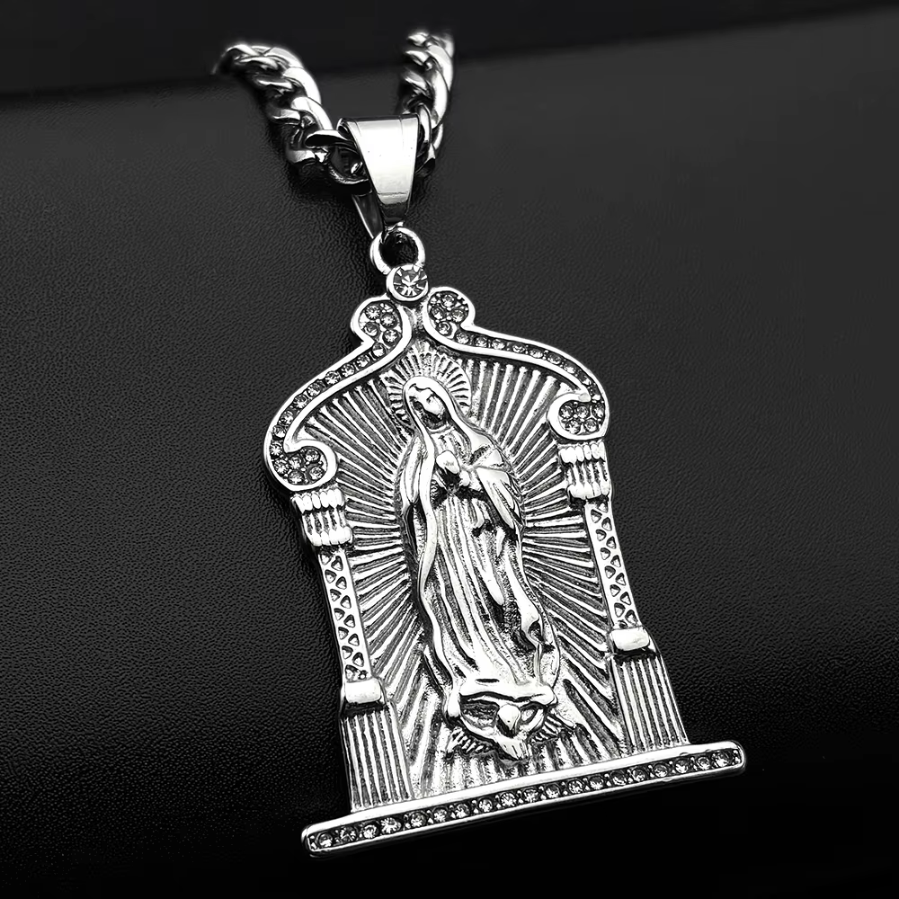 Collier pendentif en acier inoxydable couleur or avec médaille de la Vierge Marie catholique et stra
