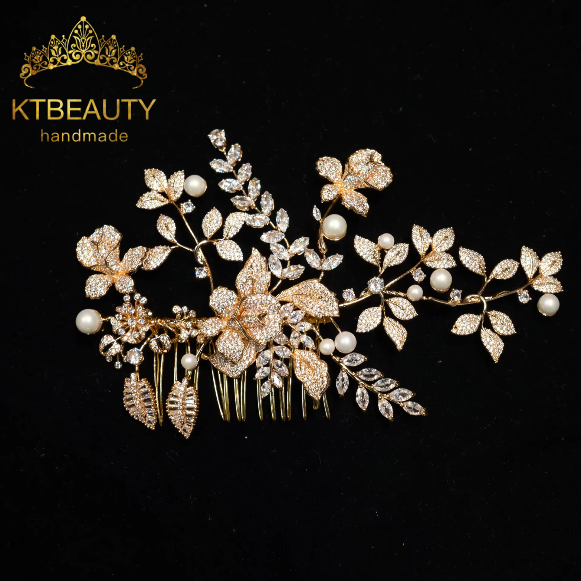 Ktbeauty Coiffe de mariée pour femme avec zircone, dorée, faite à la main, vintage, tendance, access