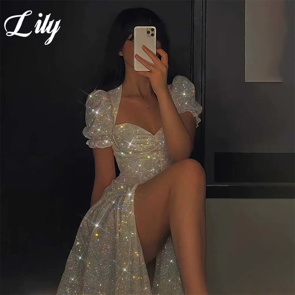 Robe de Soirée de Mariage Blanche à Paillettes, Élégante, Trapèze, Plissée, Fendue, pour Occasions S