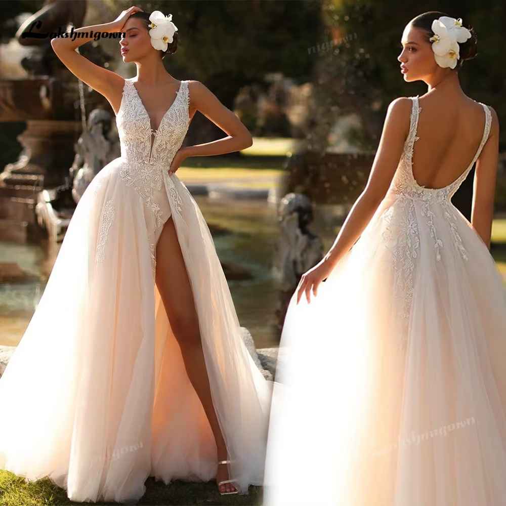 Robe de mariée romantique à col en V profond, dos nu, fente haute, en dentelle florale et tulle, ave
