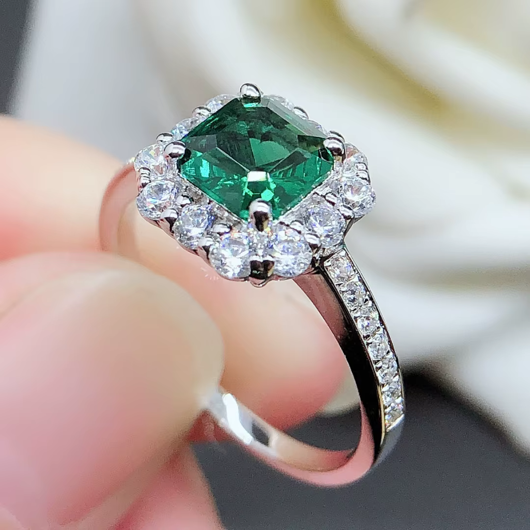 Bague en or blanc 18 carats, diamant émeraude cultivé en laboratoire, bague de fiançailles, bijoux f