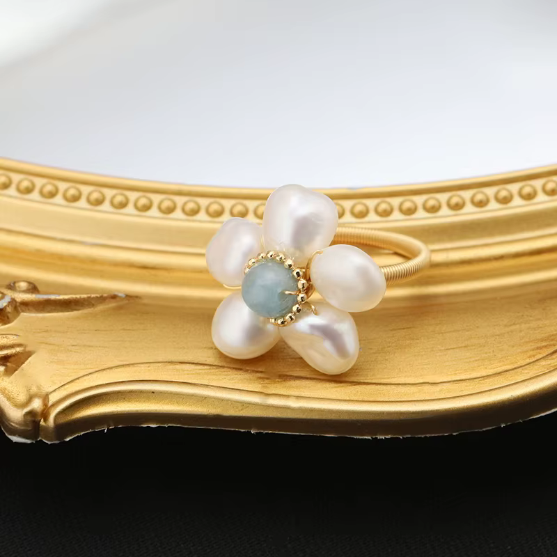GLSEEVO-Bague Fleur en Perles de Tahiti Naturelles pour Femme, Bijoux de Luxe, Bleu Mer, Mode Romant