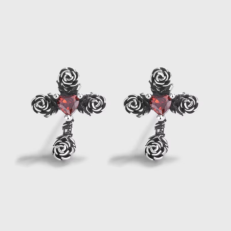 Boucles d'oreilles rétro pour femmes, en argent Sterling S925, Rose rubis, croix, fleur rouge, diama