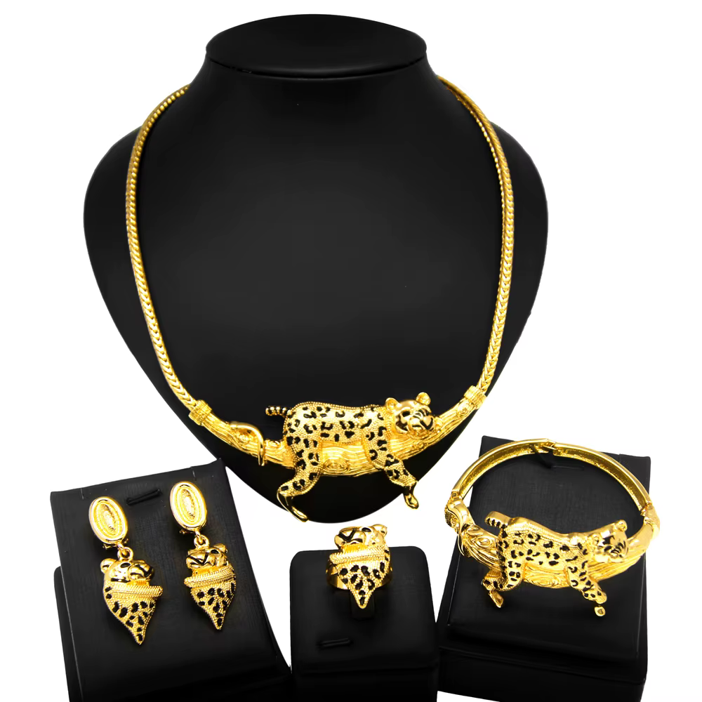 Ensemble de bijoux pour femmes de Dubaï : collier, bague, bracelets et boucles d'oreilles léopard au