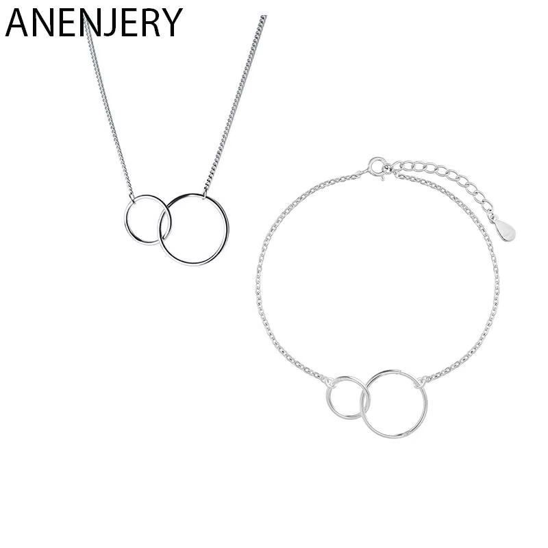 ANENJERY minimaliste 925 en argent Sterling Double cercle collier + Bracelet ensembles de bijoux pou