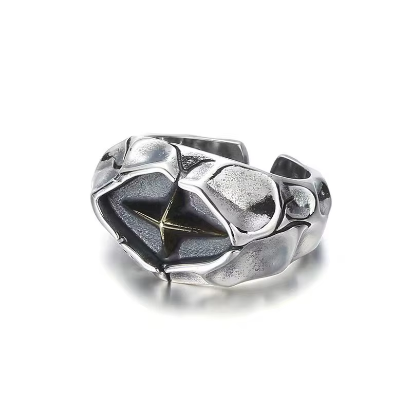 Bague étoile craquelée rétro pour hommes, couleur argent, Punk gothique, anneau ouvert réglable, Roc