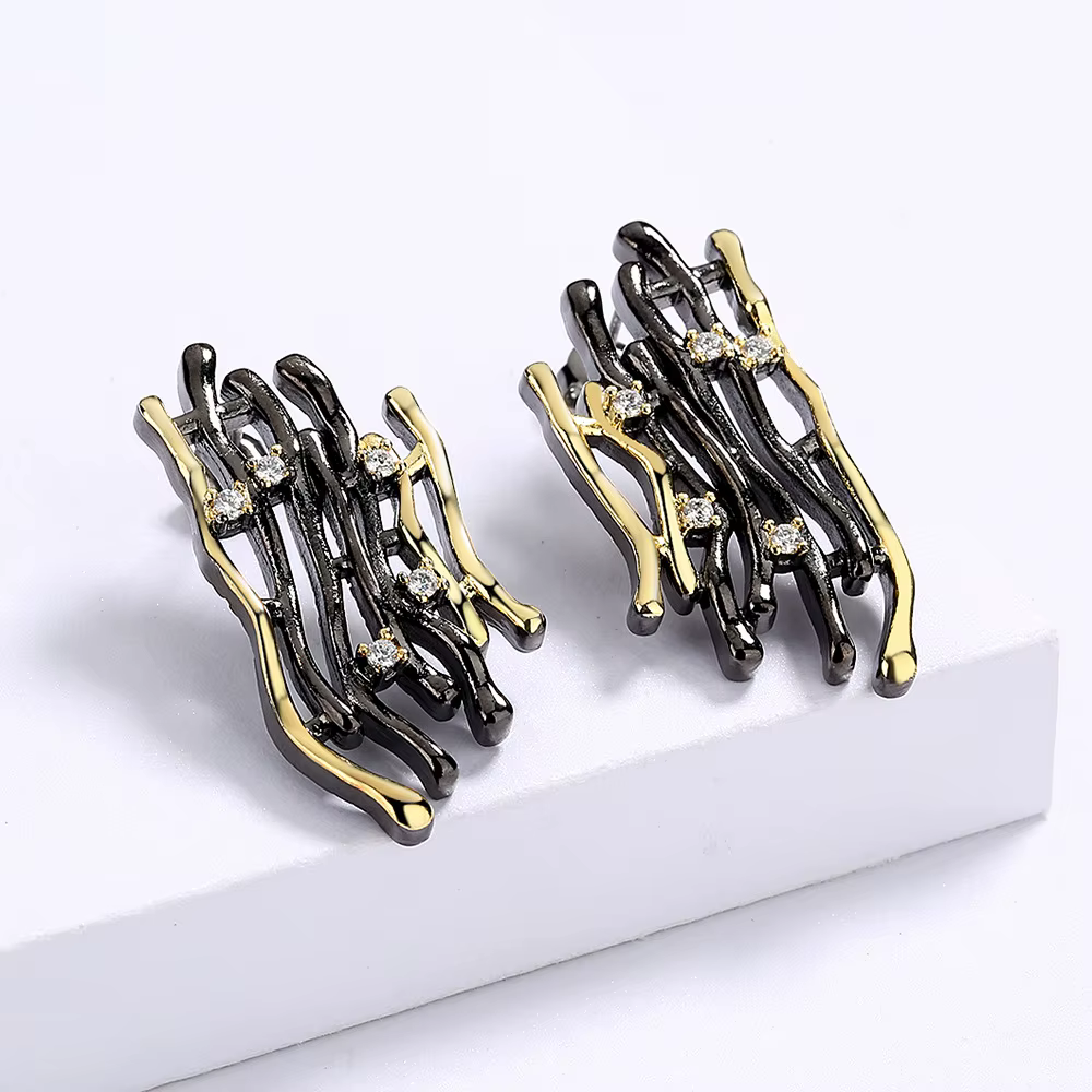 Boucles d'oreilles en argent 925 pour femmes, bijoux à la mode, deux tons, or, irrégulier, pour fête