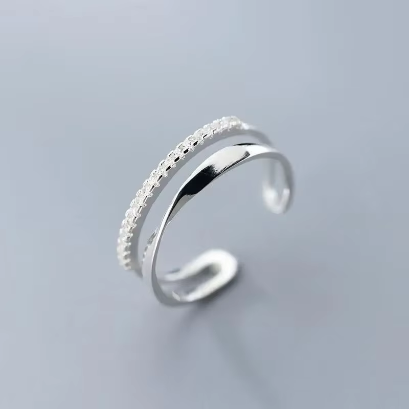 Bague en argent Sterling 925 en zircon Double géométrie pour femmes, bijoux, anneau ouvert réglable 