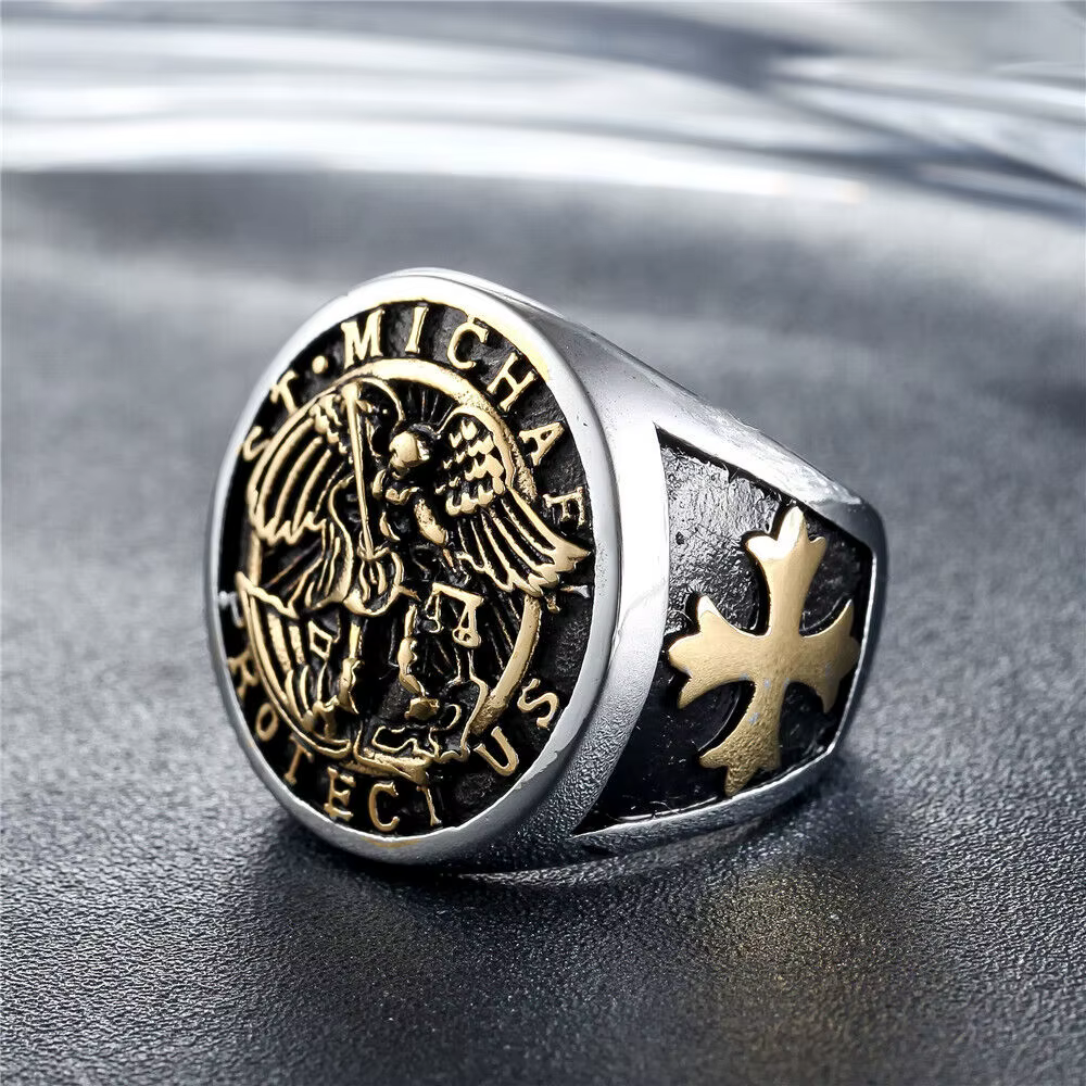 Bague pour hommes en acier inoxydable, archange catholique, Saint-Michael, taille 7-15