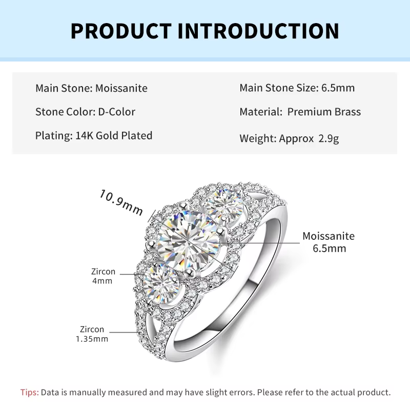 Rrjzz – bague de fiançailles ronde vintage à trois pierres pour femmes, 6.5mm, 1CT, diamant Moissani