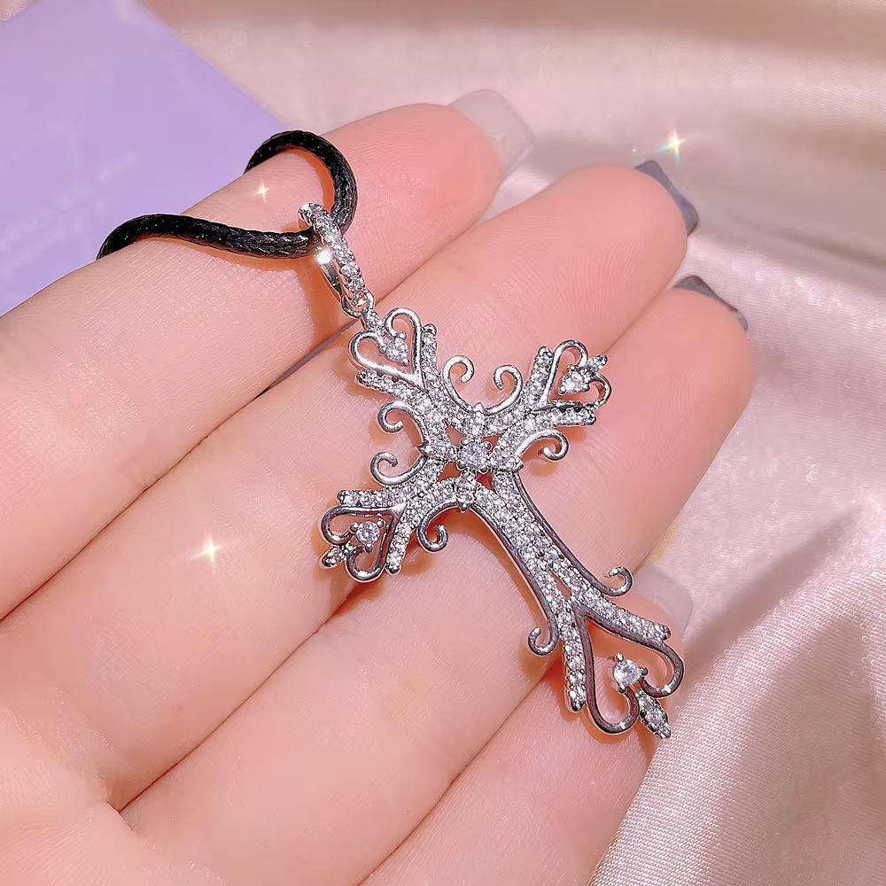 Collier Vintage en argent 925 avec croix de vent, carte, bijoux religieux chrétien en Zircon, Souven