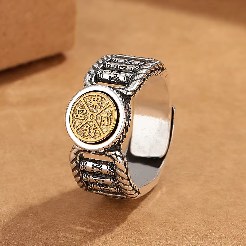Anneau de sutras bouddhistes vintage pour hommes, roue de prière, bijoux de richesse porte-bonheur, 