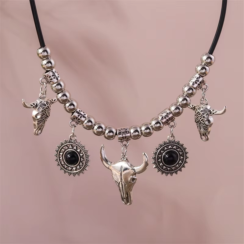 Collier bohème en alliage avec pendentif tête de taureau, pour femmes et filles, bijoux de fête, Fes