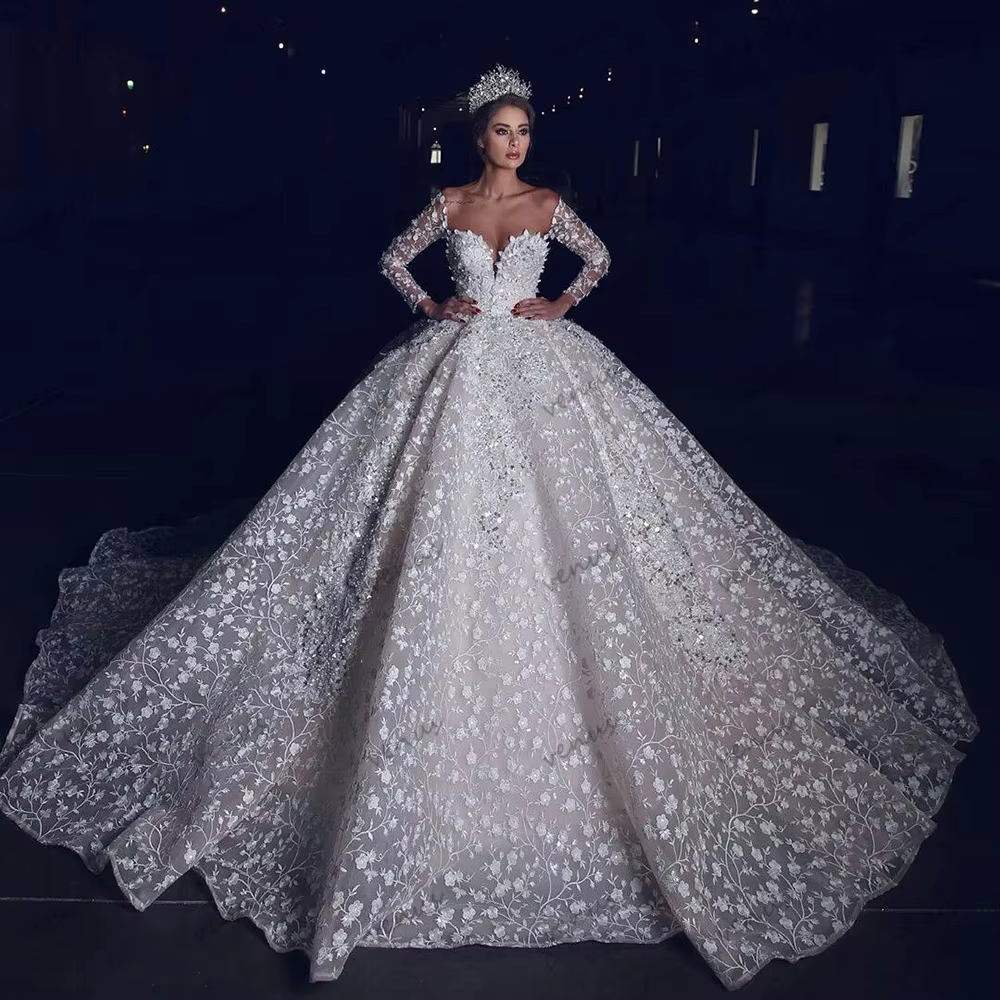 Robes de mariée glamour, robes de mariée exquises, appliques en dentelle, manches longues, robes сва