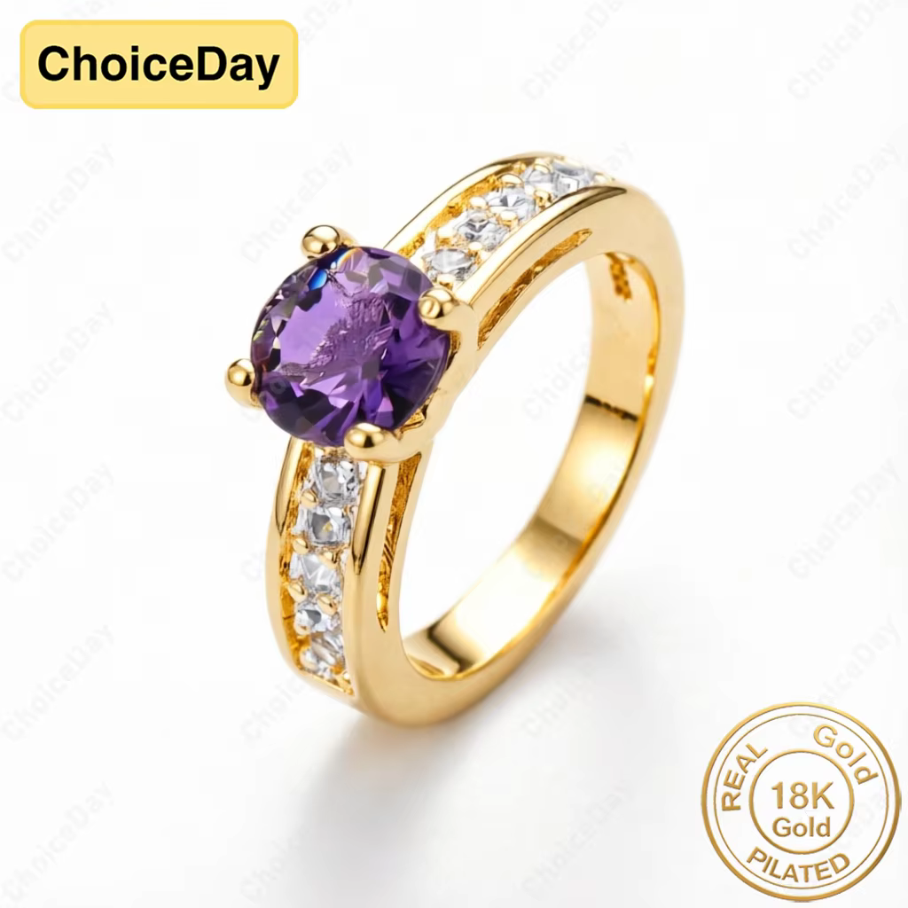 Bague de luxe plaquée or 18 carats avec zircon violet rond pour femme, bijou tendance pour mariage e