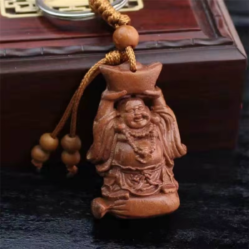 Porte-clés en acajou pour femmes et hommes, gravure tridimensionnelle, pendentif bouddha réaliste, b