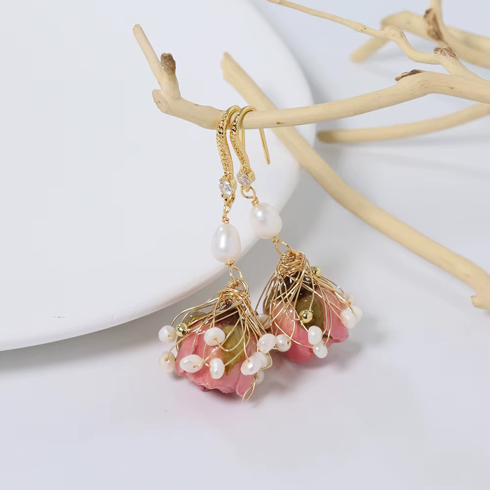 GLSEEVO-Boucles d'Oreilles en Perles de Tahiti Naturelles pour Femme, Rose, Crochets d'Oreille, Mode