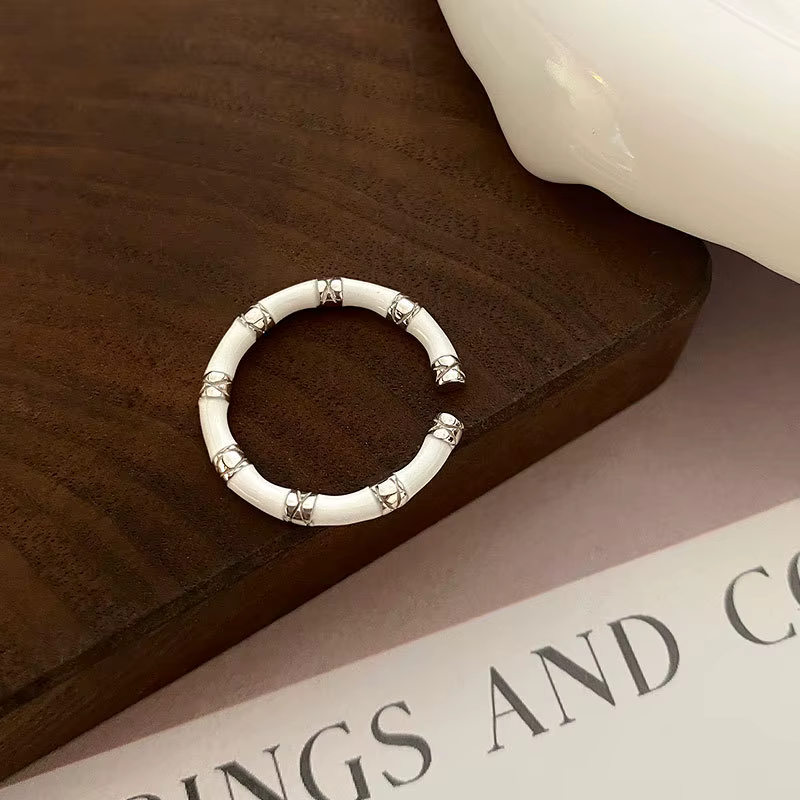 Bague réglable en argent sterling 925 noir et blanc motif bambou pour femme, accessoires de luxe pou