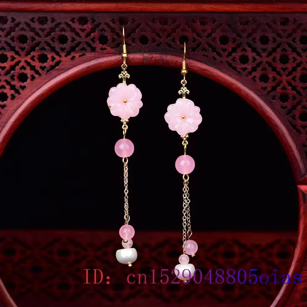 Boucles d'oreilles fleur de Jade rose, calcédoine, pierres précieuses, breloques, amulette en crista