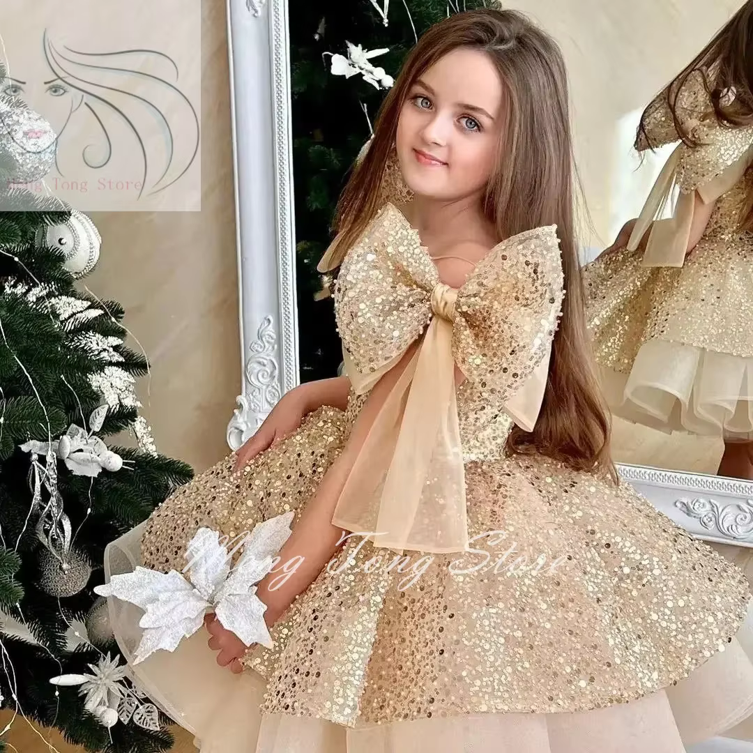 Robe de demoiselle d'honneur Champagne pour mariage, à paillettes brillantes avec nœud, jolie robe d