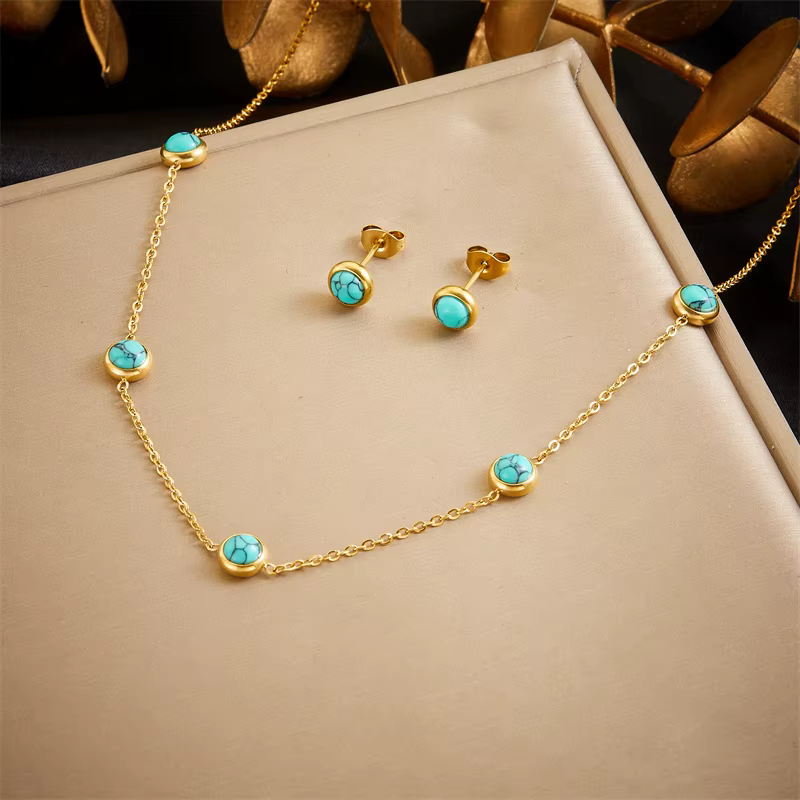 DIEYURO 316L acier inoxydable Turquoise simplicité collier doré boucles d'oreilles pour les femmes 2