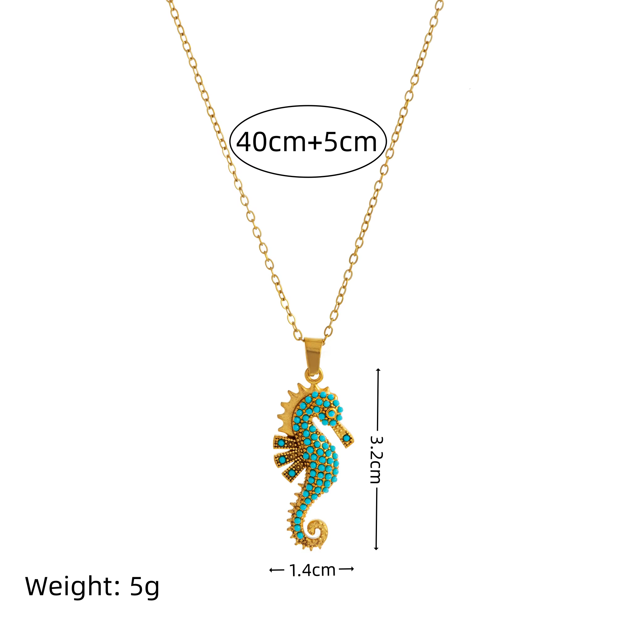 Collier pendentif hippocampe |   Acier inoxydable plaqué or 18 carats avec incrustation de zircon, b