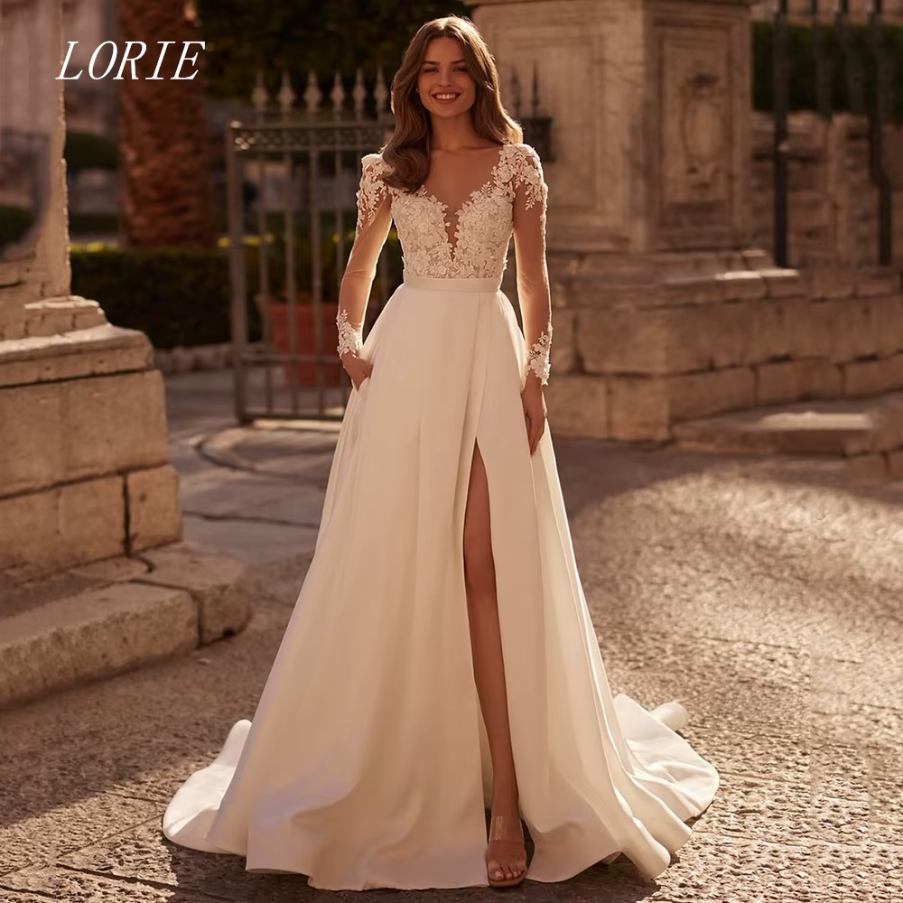 Robe de mariée civile de luxe LORIE, coupe trapèze, col en V, élégante, avec appliques de dentelle f