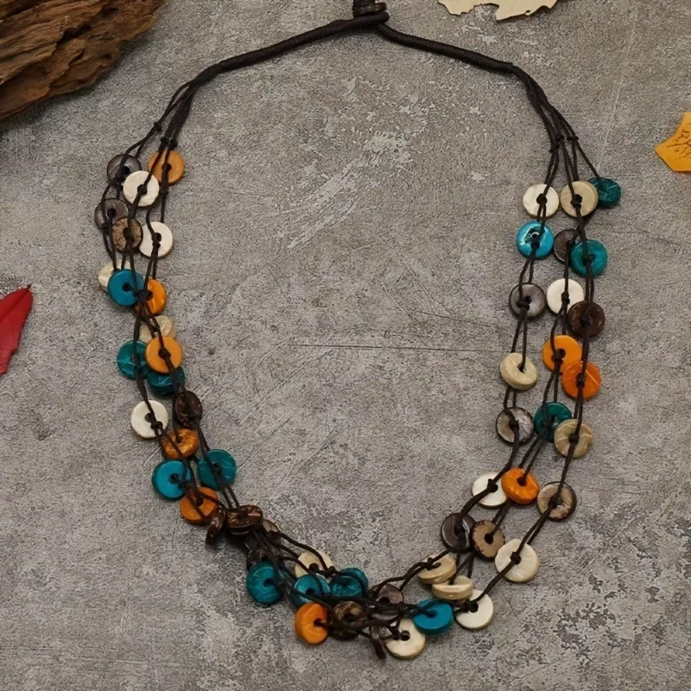 Collier ethnique bohème en perles, collier rétro coloré en perles de bois, collier en coquille de no