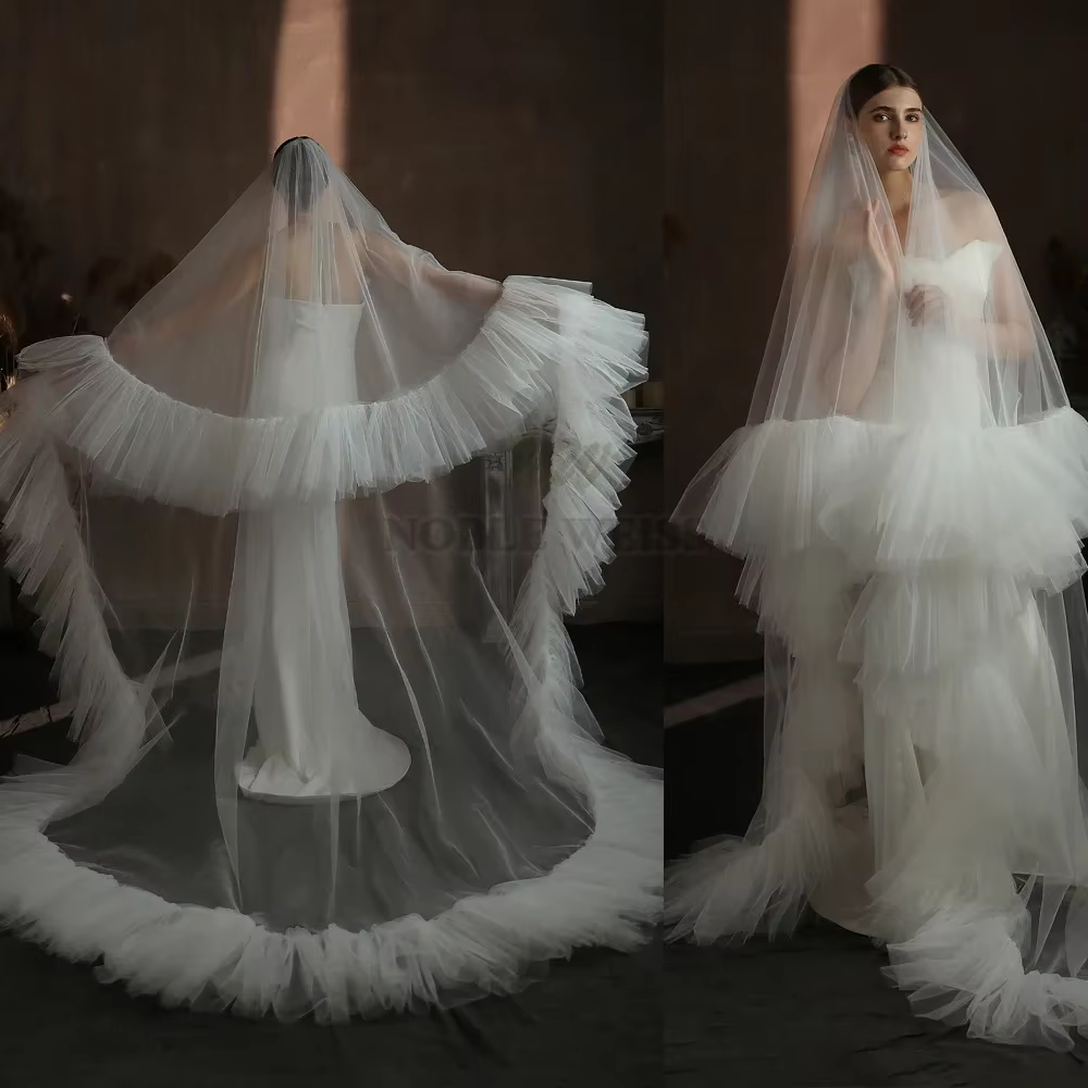 Voile de mariée en Tulle à deux couches, bord à volants, avec peigne, voile de mariée moelleux, couv