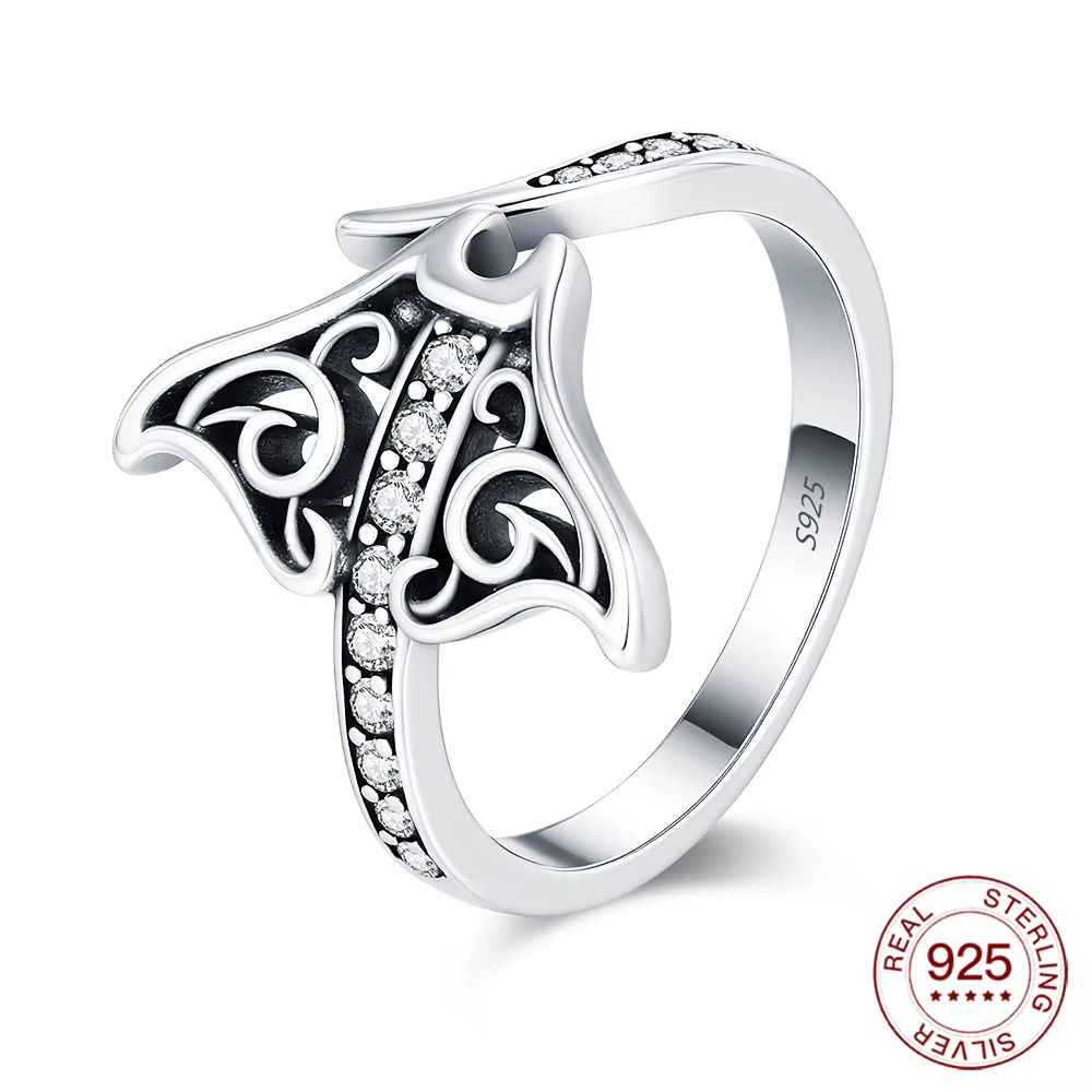 Bague vintage en argent sterling 925, motif raie manta, filigrane, hypoallergénique, bijoux bohèmes 