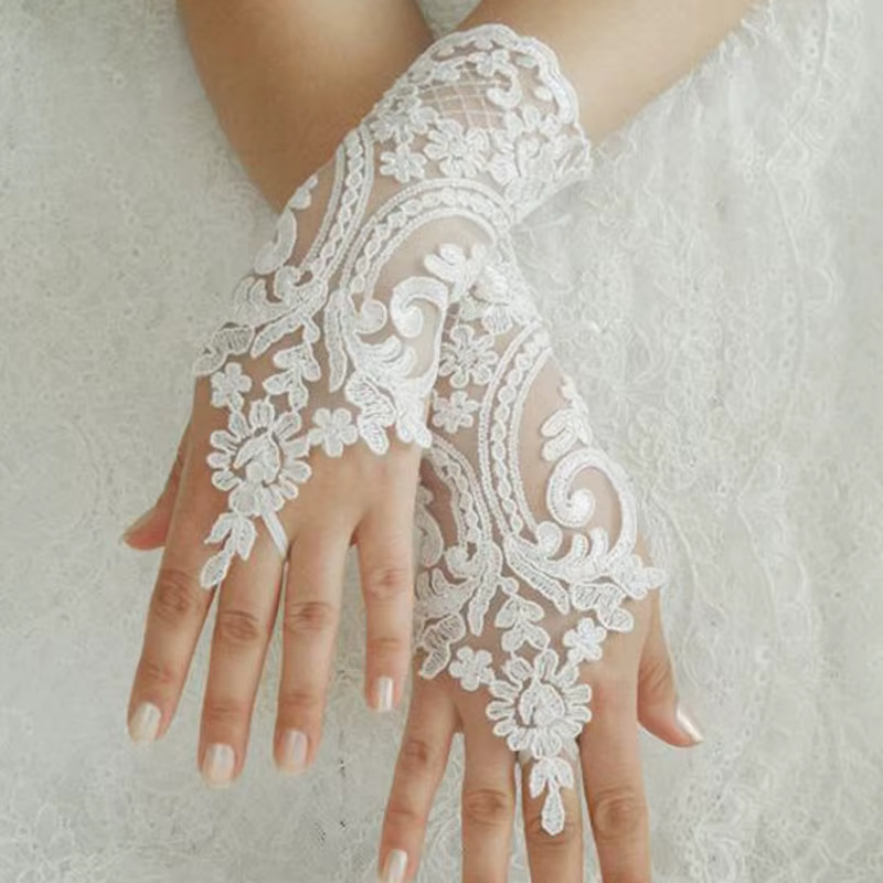 Gants de Mariage Blancs et Noirs en Dentelle à Fleurs pour Femme, Gants sans Doigts à Crochet pour B