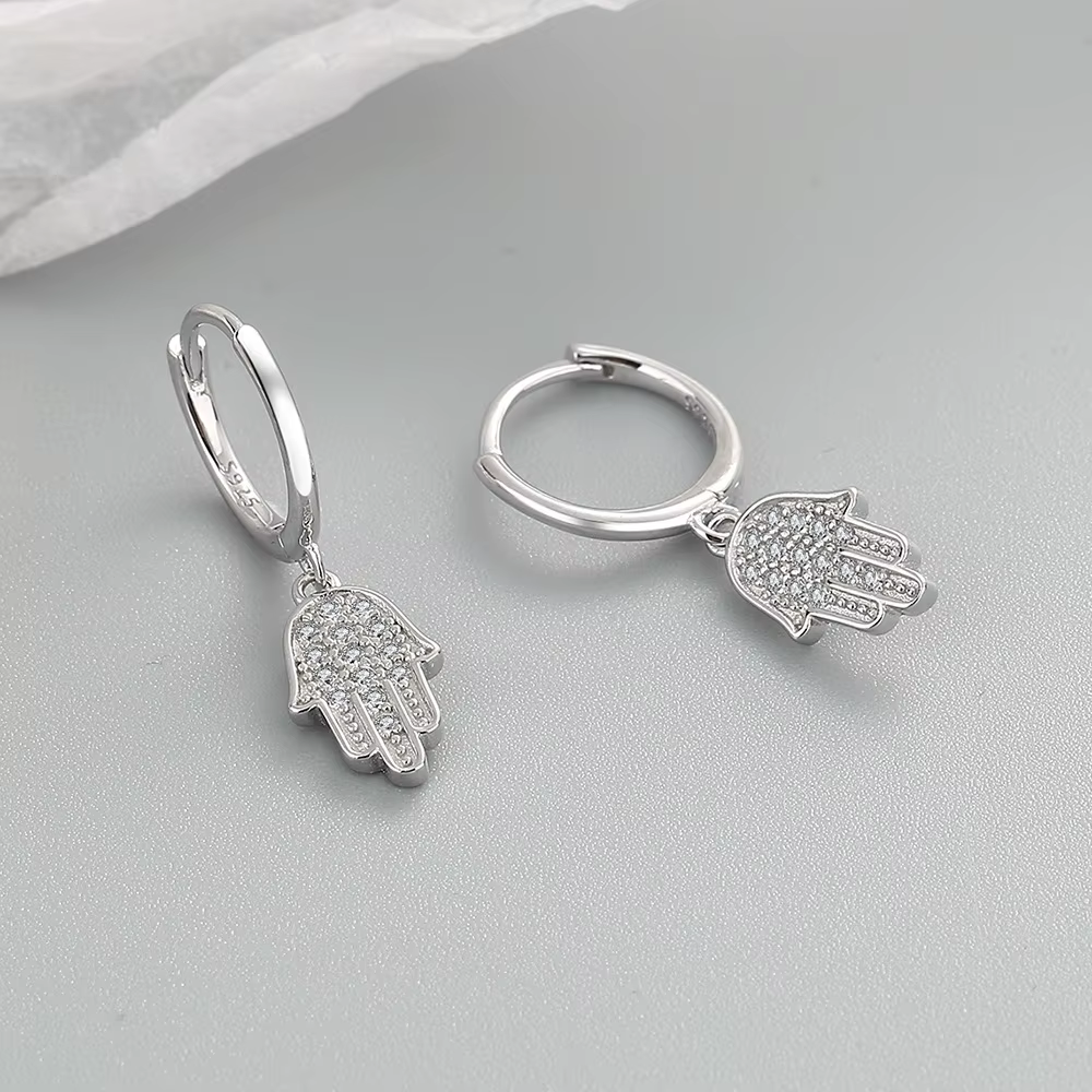LIVVY – boucles d'oreilles pendantes en forme de main, couleur argent, incrustées de Zircon, pour fe